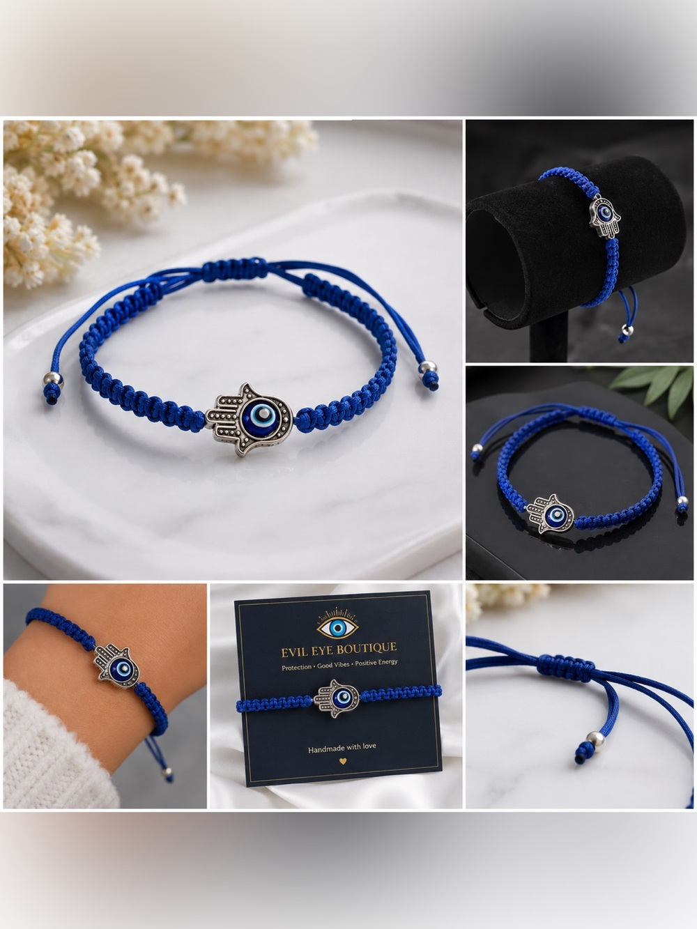 Royal Blue Hamsa Evil Eye Macramé Bracelet